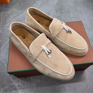 Loro Piana Tan Suede Loafers with Metallic Details